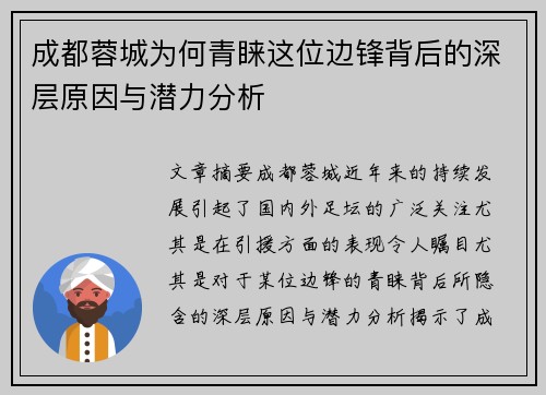 成都蓉城为何青睐这位边锋背后的深层原因与潜力分析 成都蓉城为何青睐这位边锋背后的深层原因与潜力分析