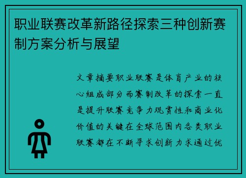 职业联赛改革新路径探索三种创新赛制方案分析与展望