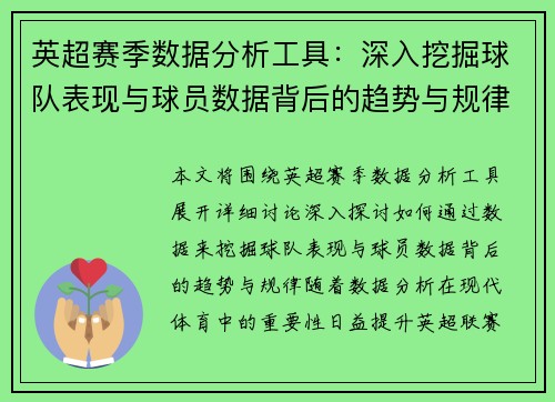 英超赛季数据分析工具：深入挖掘球队表现与球员数据背后的趋势与规律