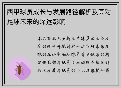 西甲球员成长与发展路径解析及其对足球未来的深远影响 西甲球员成长与发展路径解析及其对足球未来的深远影响